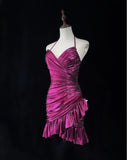 Niulatu Fuchsia Spaghetti Straps Bodycon Satin Short Prom Dresses Vintage Homecoming Dress HZ1103