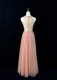 Niulatu Blush Pink Round Neck A-Line Tulle Beaded Long Prom Dresses Birthday Evening Gowns HZ1103