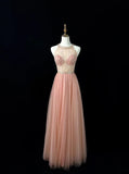 Niulatu Blush Pink Round Neck A-Line Tulle Beaded Long Prom Dresses Birthday Evening Gowns HZ1103