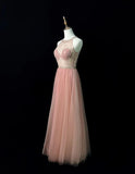 Niulatu Blush Pink Round Neck A-Line Tulle Beaded Long Prom Dresses Birthday Evening Gowns HZ1103
