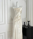 Niulatu Light Champagne Spaghetti Straps Satin Sheath Prom Dresses Formal Evening Gowns HZ1103