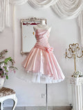 Niulatu Pink Strapless A-Line Lace Satin Short Prom Dresses Homecoming Dress HZ1103
