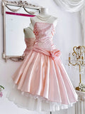 Niulatu Pink Strapless A-Line Lace Satin Short Prom Dresses Homecoming Dress HZ1103