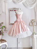 Niulatu Pink Strapless A-Line Lace Satin Short Prom Dresses Homecoming Dress HZ1103