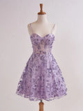 Niulatu Lavender Spaghetti Straps A-Line Tulle Applique Short Prom Dresses Homecoming Dress with Sequins HZ1103