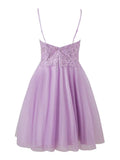 Niulatu Lilac Spaghetti Straps A-Line Tulle Applique Short Prom Dresses HZ1103