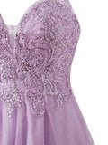 Niulatu Lilac Spaghetti Straps A-Line Tulle Applique Short Prom Dresses HZ1103
