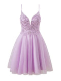 Niulatu Lilac Spaghetti Straps A-Line Tulle Applique Short Prom Dresses HZ1103