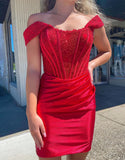 Niulatu Red Off Shoulder Bodycon Applique Satin Short Prom Dresses Homecoming Dress HZ1103