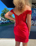 Niulatu Red Off Shoulder Bodycon Applique Satin Short Prom Dresses Homecoming Dress HZ1103