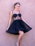Niulatu Black Polka Dot Spaghetti Straps A-Line Tulle Short Prom Dresses Homecoming Dress HZ1103