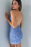 Niulatu Blue Spaghetti Straps Bodycon Lace Applique Short Prom Dresses Homecoming Dress HZ1103