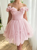 Niulatu Pink Off-the-shoulder A-Line Tulle Short Prom Dresses Homecoming Dress HZ1103