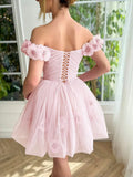 Niulatu Pink Off-the-shoulder A-Line Tulle Short Prom Dresses Homecoming Dress HZ1103