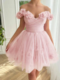 Niulatu Pink Off-the-shoulder A-Line Tulle Short Prom Dresses Homecoming Dress HZ1103