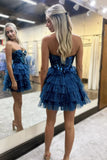 Niulatu Blue A-line Sweetheart Tulle Short Prom Dresses Homecoming Dress With Mirror HZ1103