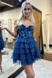 Niulatu Blue A-line Sweetheart Tulle Short Prom Dresses Homecoming Dress With Mirror HZ1103