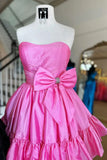 Niulatu Pink Strapless A-line Satin Short Prom Dresses Homecoming Dress With Bow HZ1103
