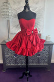 Niulatu Pink Strapless A-line Satin Short Prom Dresses Homecoming Dress With Bow HZ1103