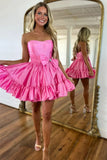 Niulatu Pink Strapless A-line Satin Short Prom Dresses Homecoming Dress With Bow HZ1103