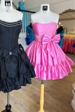Niulatu Pink Strapless A-line Satin Short Prom Dresses Homecoming Dress With Bow HZ1103