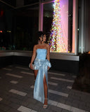 Niulatu Blue Strapless Bodycon Satin Short Party Dresses Homecoming Dress with Bow HZ1103