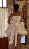 Niulatu White Strapless Bodycon Satin Short Prom Dresses Homecoming Dress with Bow HZ1103