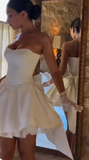 Niulatu White Strapless Bodycon Satin Short Prom Dresses Homecoming Dress with Bow HZ1103