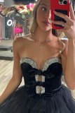 Niulatu Black Sweetheart Neck A-Line Tulle Short Prom Dresses Homecoming Dress with Diamonds HZ1103