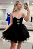 Niulatu Black Sweetheart Neck A-Line Tulle Short Prom Dresses Homecoming Dress with Diamonds HZ1103