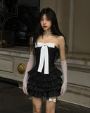 Niulatu Black Strapless A-Line Satin Short Prom Dresses Homecoming Dress with Bow HZ1103