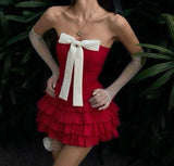 Niulatu Black Strapless A-Line Satin Short Prom Dresses Homecoming Dress with Bow HZ1103