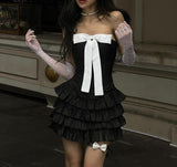 Niulatu Black Strapless A-Line Satin Short Prom Dresses Homecoming Dress with Bow HZ1103