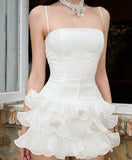 Niulatu White Spaghetti Straps A-Line Lace Tulle Short Prom Dresses Homecoming Dress HZ1103