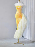 Niulatu Bright Yellow Strapless Mermaid Sequined Tulle Long Prom Dresses Formal Evening Gowns HZ1103