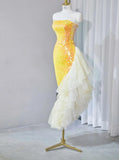 Niulatu Bright Yellow Strapless Mermaid Sequined Tulle Long Prom Dresses Formal Evening Gowns HZ1103