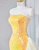 Niulatu Bright Yellow Strapless Mermaid Sequined Tulle Long Prom Dresses Formal Evening Gowns HZ1103
