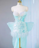 Niulatu Ice Blue Strapless Bodycon Sequin Short Prom Dresses Homecoming Dress with Bow HZ1103