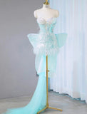 Niulatu Ice Blue Strapless Bodycon Sequin Short Prom Dresses Homecoming Dress with Bow HZ1103