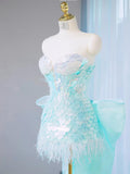 Niulatu Ice Blue Strapless Bodycon Sequin Short Prom Dresses Homecoming Dress with Bow HZ1103
