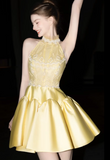 Niulatu Butter Yellow Turtleneck A-Line Satin Short Prom Dresses Homecoming Dress HZ1103