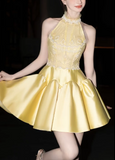 Niulatu Butter Yellow Turtleneck A-Line Satin Short Prom Dresses Homecoming Dress HZ1103