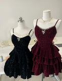 Niulatu Burgundy/Black Spaghetti Straps Glitter Velvet A-Line Short Evening Gowns Sweet Homecoming Dress HZ1103