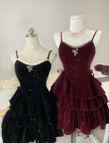 Niulatu Burgundy/Black Spaghetti Straps Glitter Velvet A-Line Short Evening Gowns Sweet Homecoming Dress HZ1103