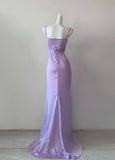 Niulatu Purple Spaghetti Straps Sheath Satin Long Prom Dresses Formal Evening Gowns Short Ball Gowns HZ1103