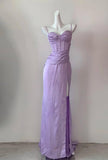 Niulatu Purple Spaghetti Straps Sheath Satin Long Prom Dresses Formal Evening Gowns Short Ball Gowns HZ1103