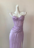 Niulatu Purple Spaghetti Straps Sheath Satin Long Prom Dresses Formal Evening Gowns Short Ball Gowns HZ1103