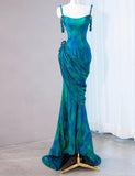 Niulatu Turquoise Scoop Mermaid Jacquard Satin Long Prom Dresses Elegant Formal Evening Gowns HZ1103