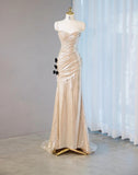 Niulatu Champagne V-neck Mermaid Glitter Satin Long Prom Dresses Fashion Formal Evening Gowns HZ1103