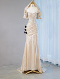 Niulatu Champagne V-neck Mermaid Glitter Satin Long Prom Dresses Fashion Formal Evening Gowns HZ1103
